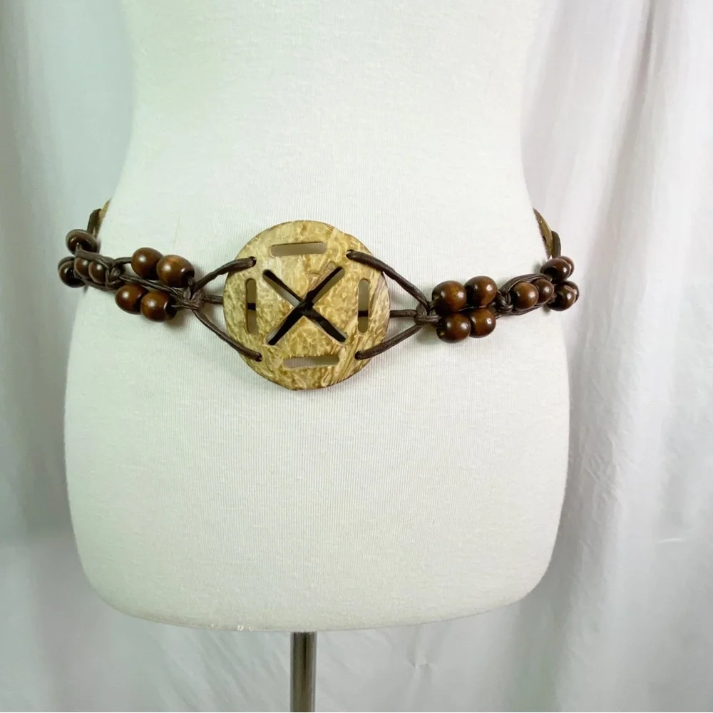 Vintage Boho Hippie Coconut Shell Faux Leather Macrame Belt